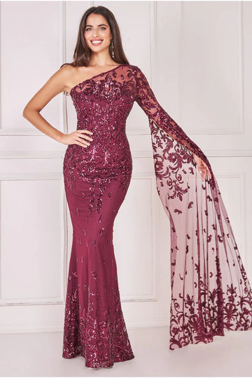 Sequin Mesh One Shoulder Evening Maxi Goddiva
